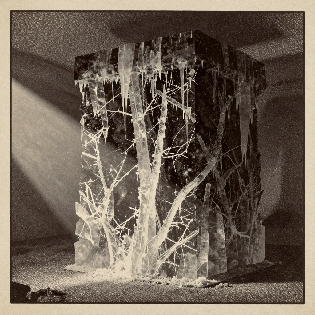 vintage Victorian newspaper photograph, sepia tone, aged paper texture, halftone dot printing, 1890s photojournalism, slight grain, archival quality, authentic period photography, a monolithic vault forged from dark obsidian and frosted quartz, its surface veined with frozen rivers of crystallized light representing encrypted data streams, illuminated by a sharp lateral beam from the left that fractures through the ice into spectral shards, the air thick with suspended dust motes caught in the cold glow—silent, impenetrable, already obsolete [Z-Image Turbo]