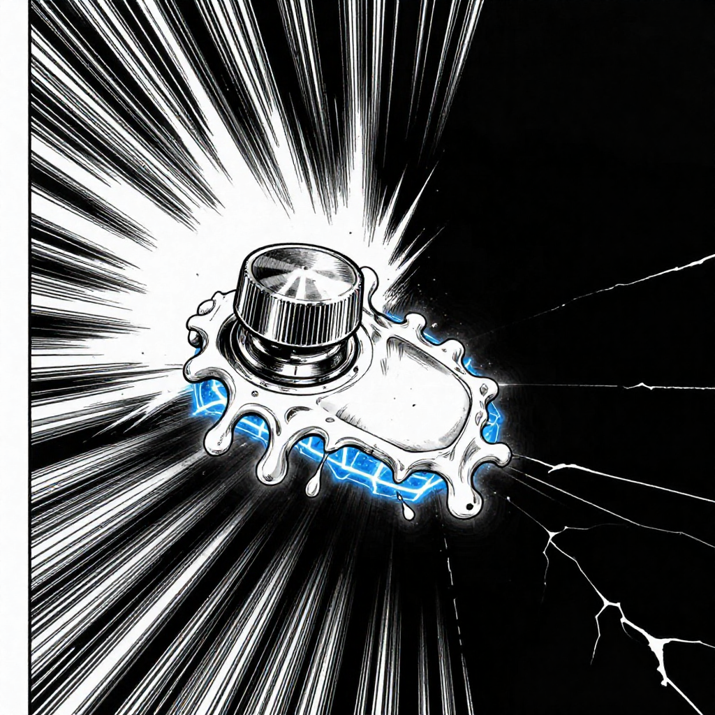 black and white manga panel, dramatic speed lines, Akira aesthetic, bold ink work, a vintage brass tuning knob mid-melting and reconfiguring into a smooth, algorithmically sculpted control surface, molten edges glowing with latent computation, speed lines radiating outward like shockwaves, lit from below by cold blue neural net pulses, suspended in vast black emptiness with faint traces of circuit-like fissures spreading into the void [Z-Image Turbo]