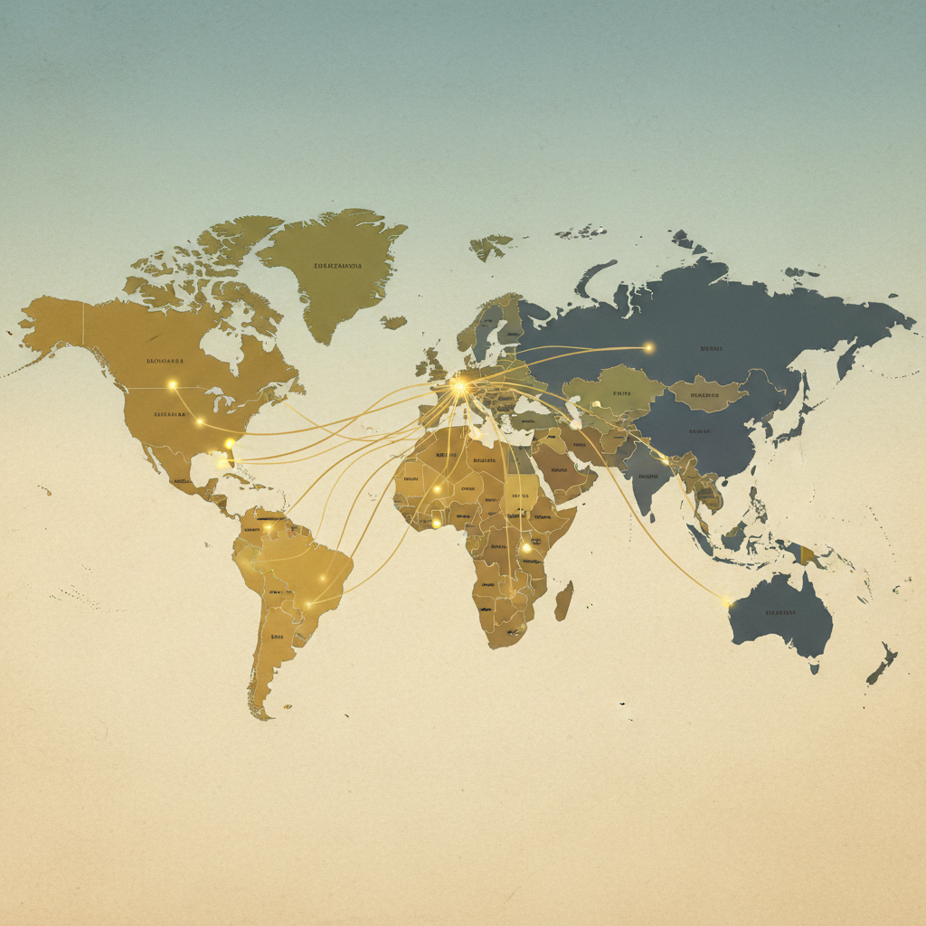 flat color political map, clean cartographic style, muted earth tones, no 3D effects, geographic clarity, professional map illustration, minimal ornamentation, clear typography, restrained color coding, a branching pathway of illuminated decision nodes spreading across a silent economic map, thin matte lines on parchment-like surface with soft regional shading in muted gold and slate, northward trajectory emphasized by top-down gradient wash in cool blue light, atmosphere of quiet calculation and emergent strategy [Nano Banana]
