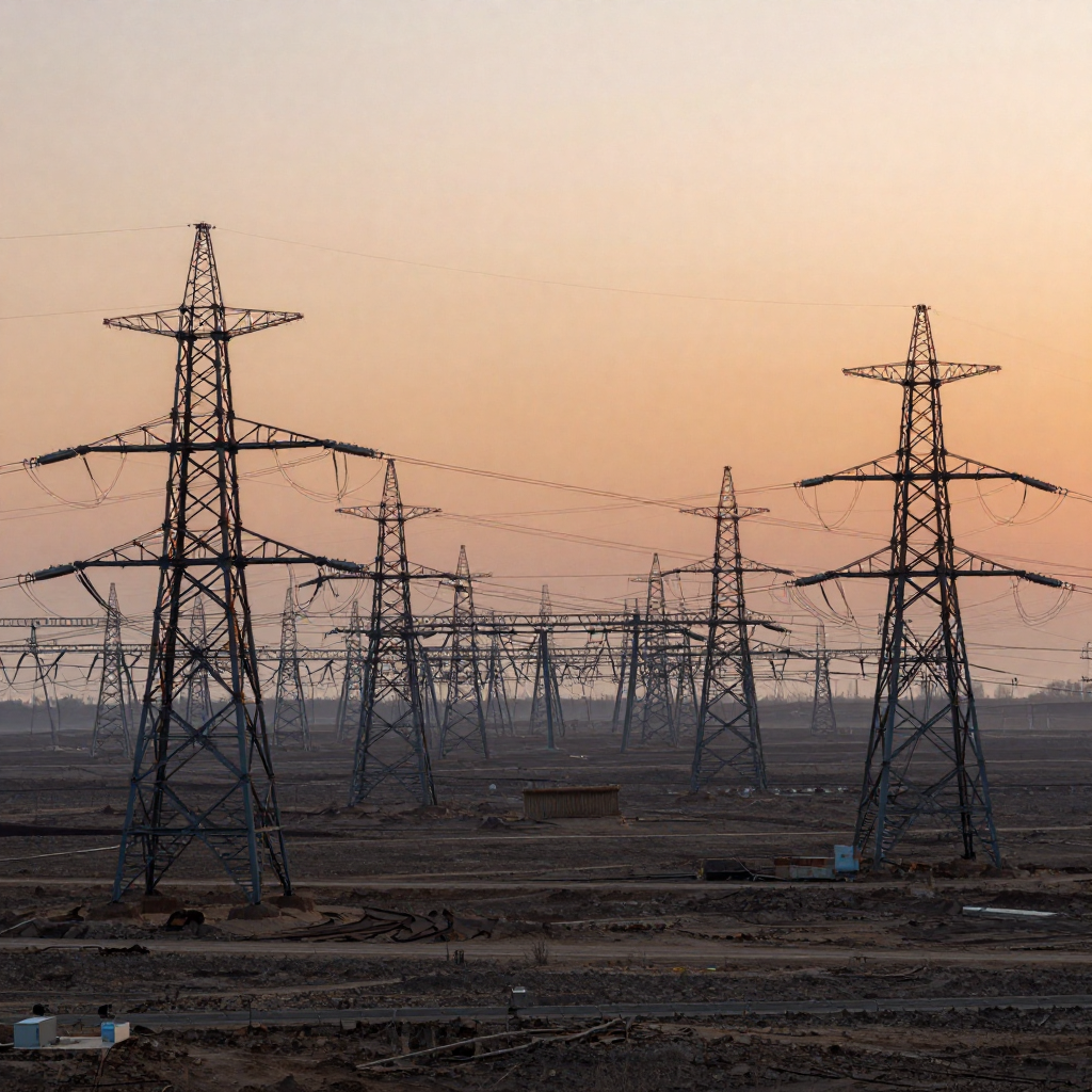 industrial scale photography, clean documentary style, infrastructure photography, muted industrial palette, systematic perspective, elevated vantage point, engineering photography, operational facilities, a high-voltage transmission grid stretching into the horizon, galvanized steel towers blackened by soot and streaked with copper oxide residue, backlit by a blood-orange dawn, the air thick with ionized haze and the low hum of overburdened lines, each tower identical, relentless, marching across scorched plains like a circuit etched into the earth [Z-Image Turbo]