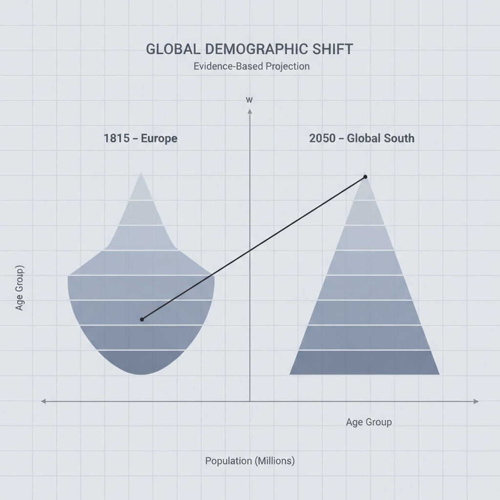 clean data visualization, flat 2D chart, muted academic palette, no 3D effects, evidence-based presentation, professional infographic, minimal decoration, clear axis labels, scholarly aesthetic, Two transparent demographic pyramids side by side on a muted grid background, one labeled "1815 – Europe" with narrow base and wide middle, the other "2050 – Global South" with broad base tapering upward, connected by a thin black trend line ascending diagonally across a clean Cartesian plane; monochrome palette with slate gray axes, minimal labeling in sans-serif type, soft overhead lighting casting no shadows, atmosphere of quiet inevitability [Nano Banana]