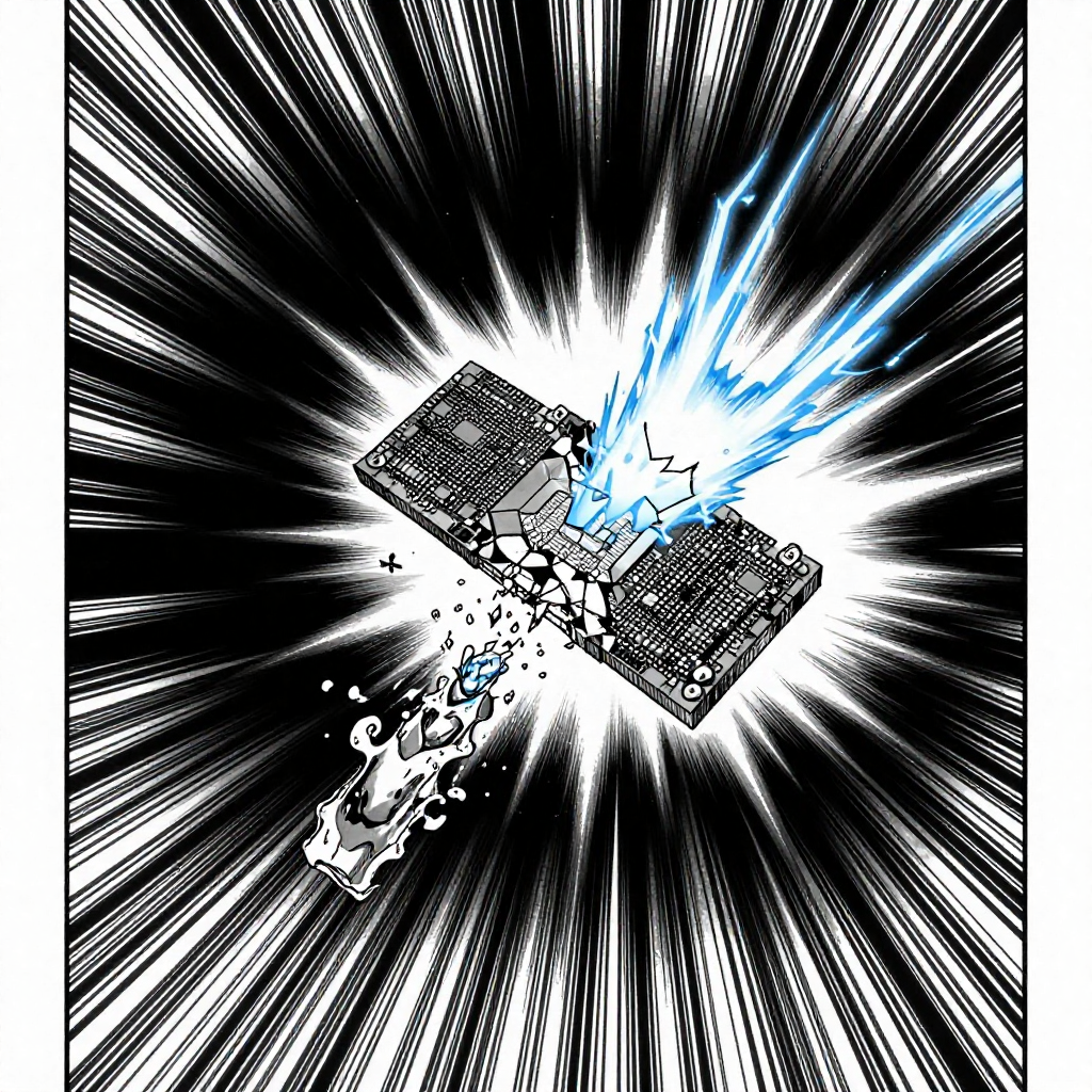 black and white manga panel, dramatic speed lines, Akira aesthetic, bold ink work, a fractured SRAM lattice suspended in void, silicon cells crystallizing mid-air with one side frozen in place and the other dissolving into probabilistic sparks, backlit by a sudden surge of electric-blue energy radiating outward in sharp speed lines, cold glow casting long shadows across infinite black space [Z-Image Turbo]