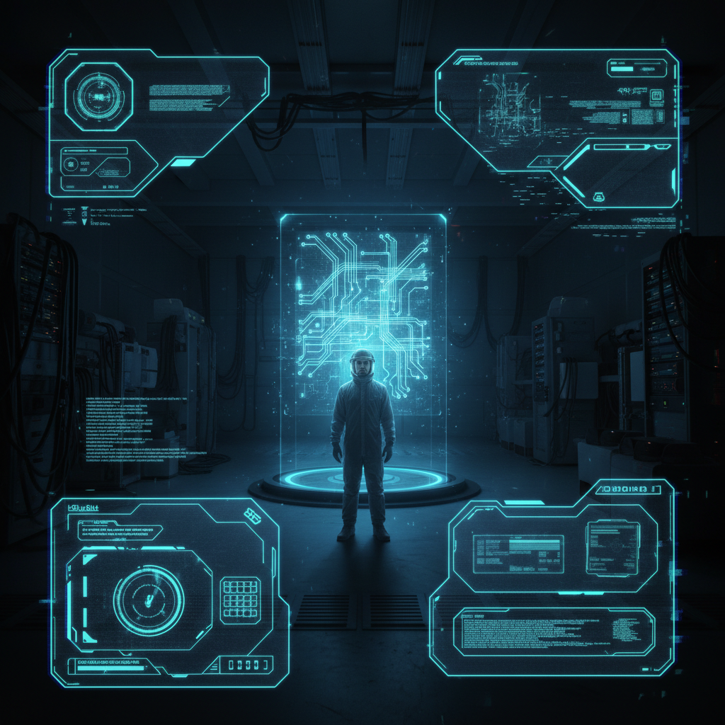 first-person view through futuristic HUD interface filling entire screen, transparent holographic overlays, neon blue UI elements, sci-fi heads-up display, digital glitch artifacts, RGB chromatic aberration, data corruption visual effects, immersive POV interface aesthetic, A cavernous, sterile laboratory chamber, a single scientist in a cleanroom suit stands before a central platform where a complex, glowing holographic lattice of quantum circuits floats in mid-air, casting an intense, localized light that illuminates the scientist's awestruck face while leaving the vast, machinery-filled surroundings in deep shadow, an atmosphere of profound discovery and controlled power. [fal-ai/nano-banana]