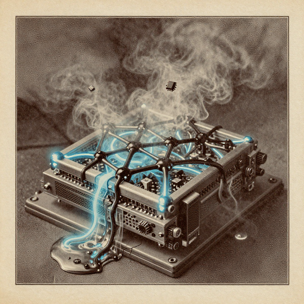 vintage Victorian newspaper photograph, sepia tone, aged paper texture, halftone dot printing, 1890s photojournalism, slight grain, archival quality, authentic period photography, a fractured server core oozing liquid silica and black polymer veins, forming a pulsating geometric lattice of self-assembled neural nodes, lit from one side by cold blue arc flashes, atmosphere thick with conductive smoke and floating microchips [Z-Image Turbo]