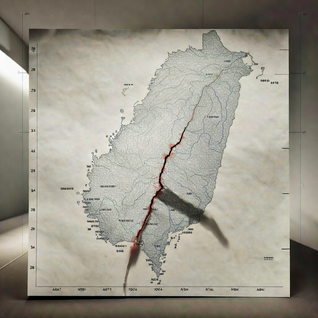 clean data visualization, flat 2D chart, muted academic palette, no 3D effects, evidence-based presentation, professional infographic, minimal decoration, clear axis labels, scholarly aesthetic, a precise topographic map of Taiwan’s airspace boundary, printed on aged parchment with crisp contour lines, one line abruptly splitting into jagged segments with faint red bleed beneath, overhead lighting from the left casting sharp shadows on the fracture, atmosphere of quiet alarm in a minimalist briefing room with grid-aligned coordinates visible in the background [Bria Fibo]