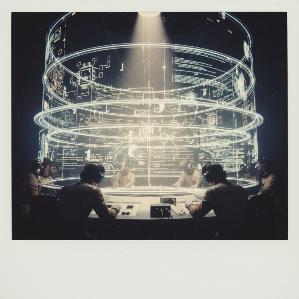 instant Polaroid photograph, vintage 1970s aesthetic, faded colors, white border frame, slightly overexposed, nostalgic lo-fi quality, amateur snapshot, A vast, circular command center with multiple transparent, holographic layers displaying quantum chip schematics, algorithmic flowcharts, and error-correction code streams, all interconnected by shimmering light paths, dramatic downward spotlighting creating sharp contrasts on the central control interface, an atmosphere of intense collaborative focus on unifying complex systems. [fal-ai/nano-banana]