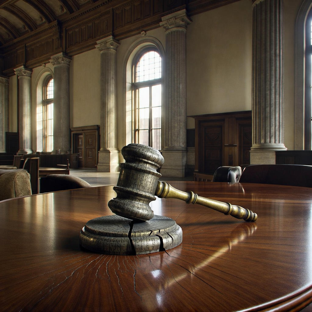 empty formal interior, natural lighting through tall windows, wood paneling, institutional architecture, sense of history and permanence, marble columns, high ceilings, formal furniture, muted palette, A cracked gavel made of fused stock tickers and gilt bronze, resting on a vast mahogany table in an empty 19th-century committee chamber, fractured wood grain radiating beneath it like fault lines, morning light streaming through tall arched windows, dust suspended in golden beams, the air thick with silence and consequence [Bria Fibo]