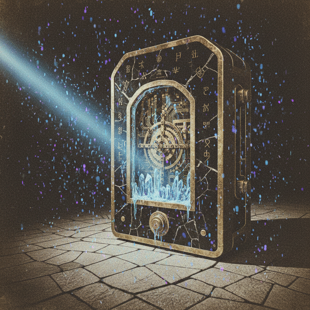 vintage Victorian newspaper photograph, sepia tone, aged paper texture, halftone dot printing, 1890s photojournalism, slight grain, archival quality, authentic period photography, A massive, ancient-looking cipher lock forged from tarnished brass and cracked obsidian, its internal gears fused with crystalline quantum circuitry, half-melted like ice under frostfire, lit by a single shaft of cold blue light from the side, casting long fractures across the floor—surrounding air thick with suspended motes of disintegrating code, silent and irreversible [Nano Banana]