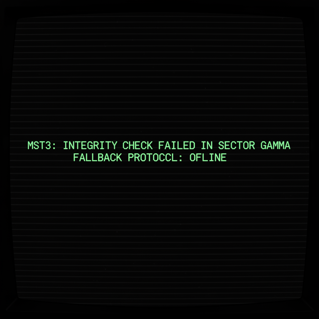 full screen view of monochrome green phosphor CRT terminal display, command line interface filling entire frame, heavy scanlines across black background, authentic 1970s computer terminal readout, VT100 style, green text on black, phosphor glow, screen curvature at edges, Terminal screen filling frame, stark black background, glowing monochrome green text as the sole visual element, faint scan lines pulsing slowly across the display, atmosphere of quiet urgency and latent failure; "MST3: INTEGRITY CHECK FAILED IN SECTOR GAMMA" — text flickers slightly, second line below reads "FALLBACK PROTOCOL: OFFLINE" [Nano Banana]