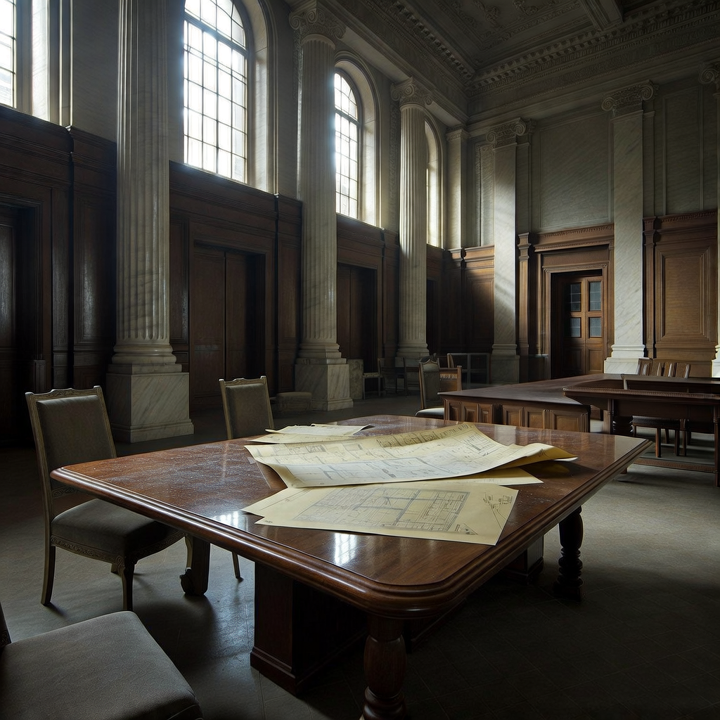 empty formal interior, natural lighting through tall windows, wood paneling, institutional architecture, sense of history and permanence, marble columns, high ceilings, formal furniture, muted palette, an abandoned corporate boardroom, polished teak table layered with dust and fading retail blueprints, natural light streaming diagonally from tall arched windows, atmosphere of suspended decision-making and institutional erosion [Bria Fibo]