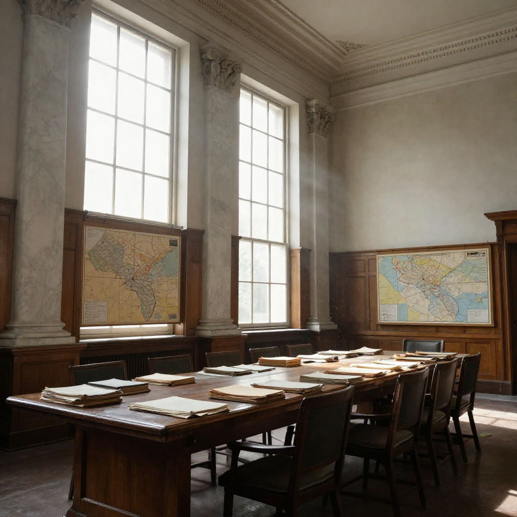 empty formal interior, natural lighting through tall windows, wood paneling, institutional architecture, sense of history and permanence, marble columns, high ceilings, formal furniture, muted palette, an abandoned war room, faded linen maps pinned to sagging corkboards, morning light slicing through tall colonial windows at a 45-degree angle, dust motes suspended in silence over a long mahogany table strewn with untouched dossiers and half-collapsed folders, atmosphere of delayed urgency and strategic stillness [Z-Image Turbo]