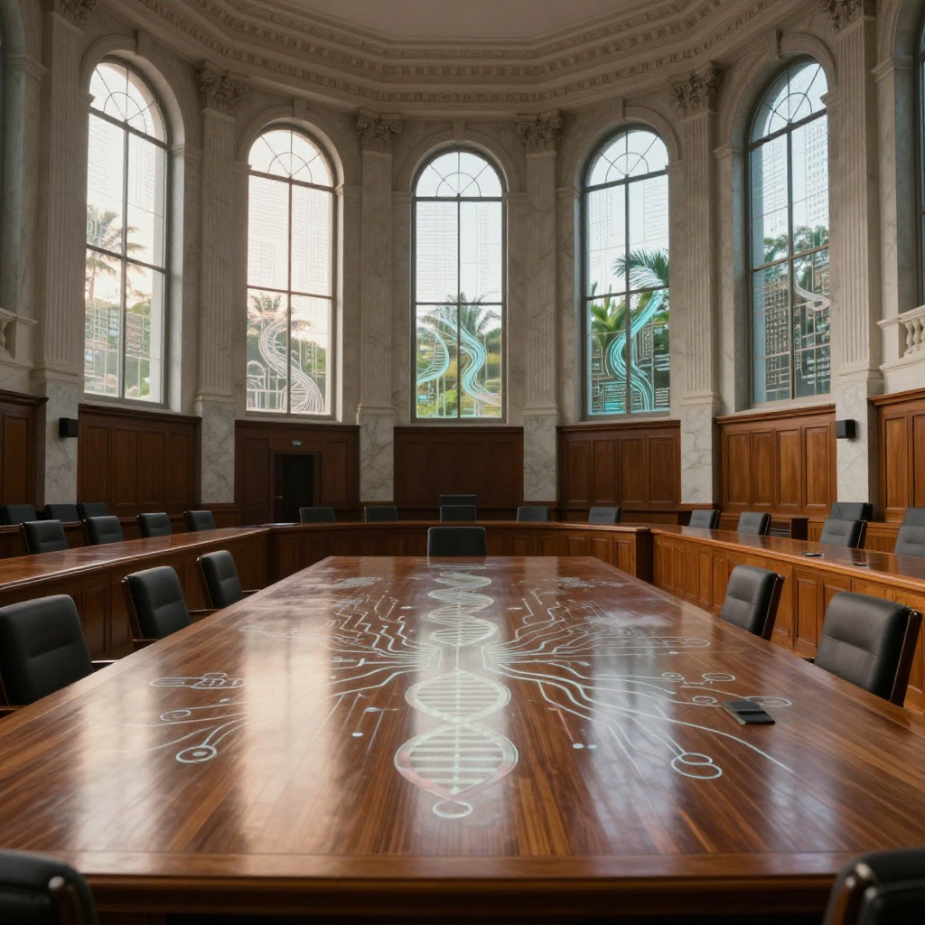 empty formal interior, natural lighting through tall windows, wood paneling, institutional architecture, sense of history and permanence, marble columns, high ceilings, formal furniture, muted palette, an expansive, unoccupied committee chamber in a tropical government complex, polished teak table inlaid with faintly glowing biophilic circuit patterns resembling neural networks and DNA helices, dawn light streaming through tall, arched glass panels etched with flowing data glyphs that mimic both river systems and code, the atmosphere of hushed anticipation and structural transformation [Z-Image Turbo]
