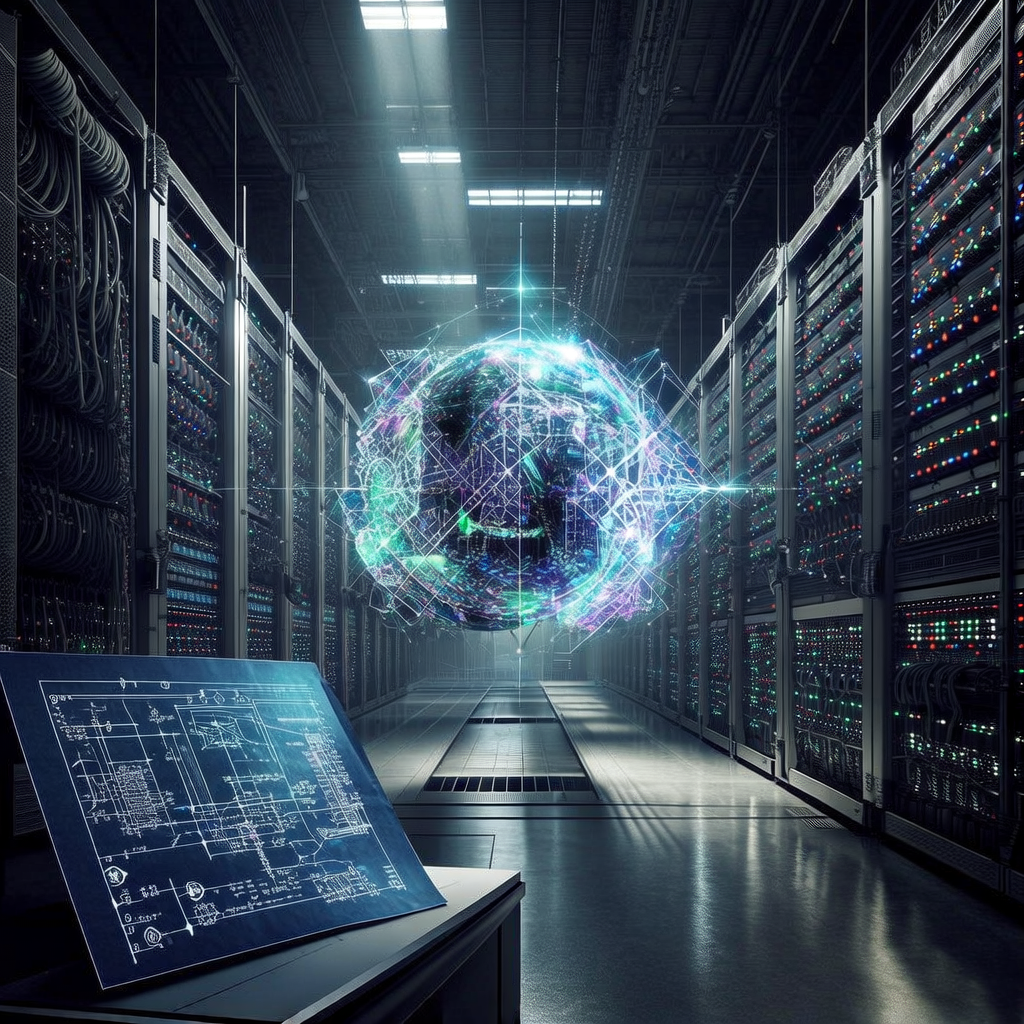 technical blueprint on blue paper, white precise lines, engineering annotations, 1950s aerospace, vast, cavernous server hall with a central, intricate holographic model of a quantum network core suspended in mid-air, complex geometric light patterns representing data flow, dramatic overhead lighting casting long shadows from towering server racks, atmosphere of immense scale and advanced technological discovery [bria/fibo/generate]