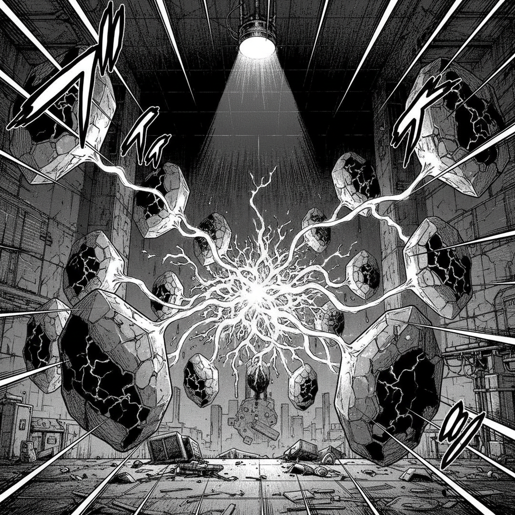 black and white manga panel, dramatic speed lines, Akira aesthetic, bold ink work, A vast, dark laboratory chamber containing several crystalline quantum processing modules suspended in space, with intricate, glowing pathways of light actively bridging the gaps between them, focused overhead spotlight illuminating a single critical connection point where the pathways converge and intensify, atmosphere of high-stakes precision and fragile, emergent complexity. [fal-ai/nano-banana]