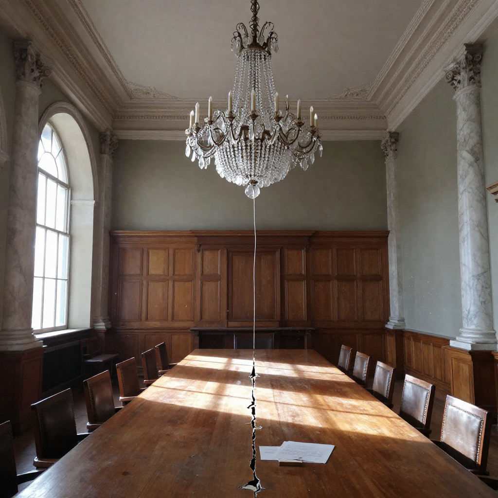 empty formal interior, natural lighting through tall windows, wood paneling, institutional architecture, sense of history and permanence, marble columns, high ceilings, formal furniture, muted palette, a massive crystal chandelier hanging precariously above a long mahogany boardroom table, its lower tiers cracked and dangling by thin metal threads, sunlight streaming through tall arched windows casting sharp shadows of the fissures across the polished table, dust motes floating in the air, scattered papers with faint checkmarks near the edge, the room vast and silent with faint water stains on the ceiling above [Z-Image Turbo]