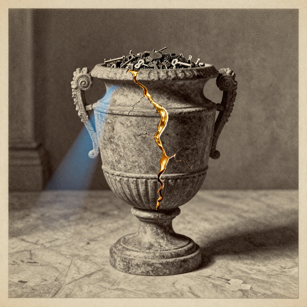 vintage Victorian newspaper photograph, sepia tone, aged paper texture, halftone dot printing, 1890s photojournalism, slight grain, archival quality, authentic period photography, A massive, ancient stone voting urn, fissured down one side with glowing molten gold seeping through the cracks, its interior lined with charred circuitry and fused validator keys; lit from the side by a narrow beam of cold blue light, casting long shadows across a barren marble floor; atmosphere of silent betrayal—no fire, no noise, only the slow, inevitable bleed of value warping sacred process [Z-Image Turbo]