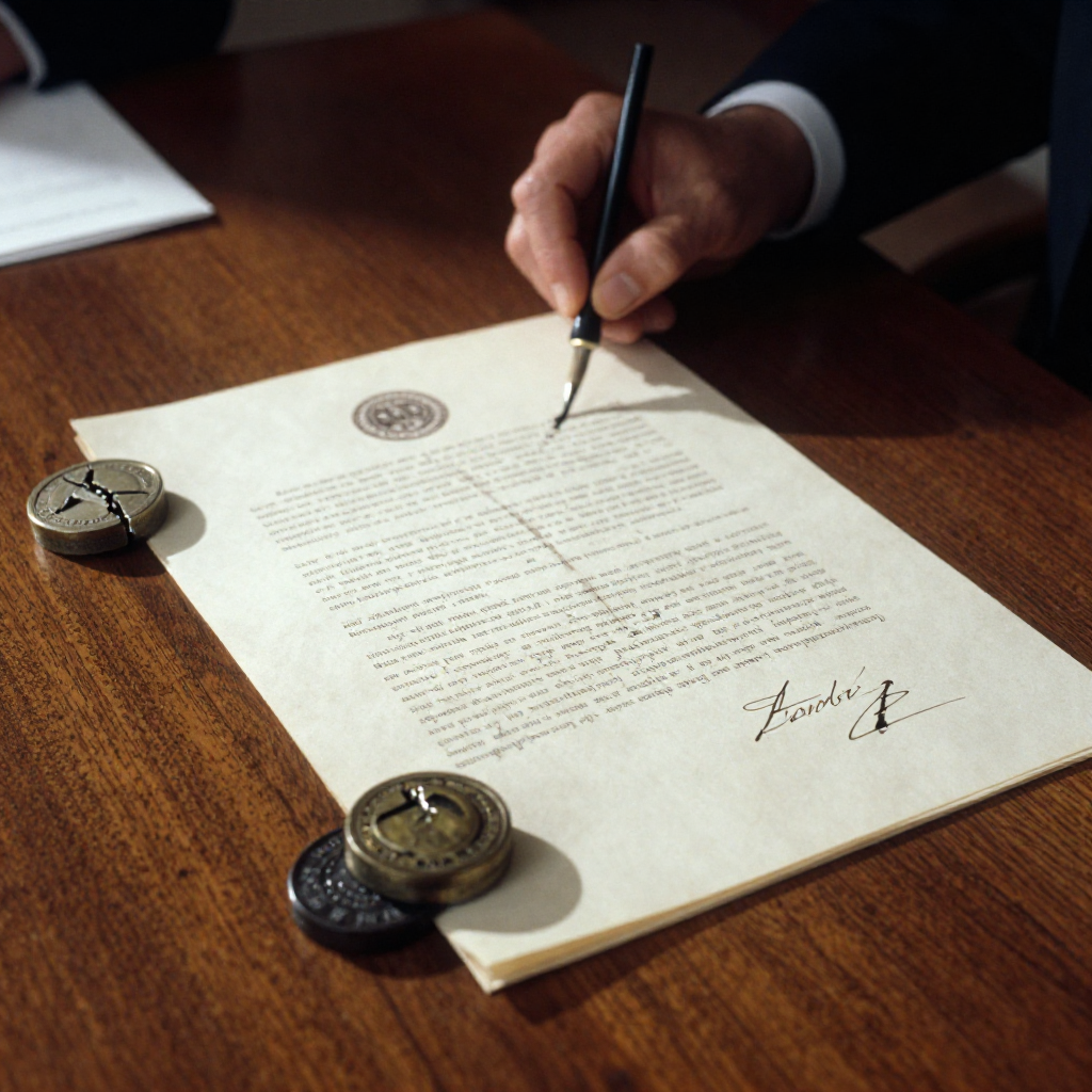 muted documentary photography, diplomatic setting, formal atmosphere, institutional gravitas, desaturated color palette, press photography style, 35mm film grain, natural lighting, professional photojournalism, a centuries-old parchment treaty resting on a polished oak table, its official seals cracked and reforming autonomously, ink from a faded signature bleeding across the page to rewrite clauses, side lighting casting long shadows from unseen quills, atmosphere of silent institutional transformation [Z-Image Turbo]