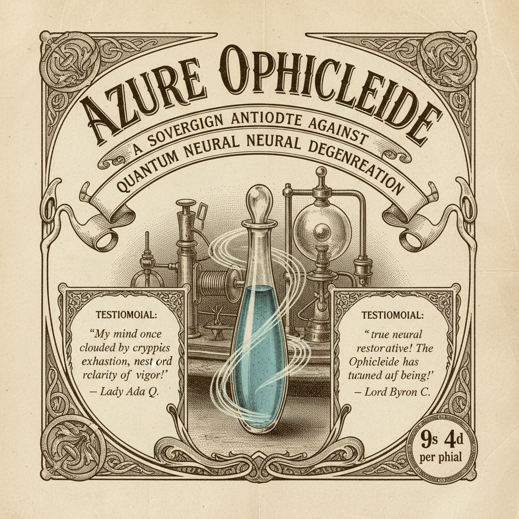 Victorian patent medicine advertisement, ornate decorative border with scrollwork and serpentine flourishes, bold Victorian serif typography headline reading "AZURE OPHICLEIDE", elegant glass phial illustration with glowing azure liquid and radiating energy lines suggesting quantum vibrations, mysterious medical apparatus in background with brass and glass components, aged sepia paper texture with halftone printing effect, curved banner beneath title with text "A Sovereign Antidote Against Quantum Neural Degeneration", flanking text boxes with testimonials on cryptic nervous exhaustion and neural restoration, price badge in bottom right corner reading "9s 4d per phial", decorative typography and embellishments in Art Nouveau-Victorian hybrid style, 1890s commercial advertising aesthetic [Nano Banana]