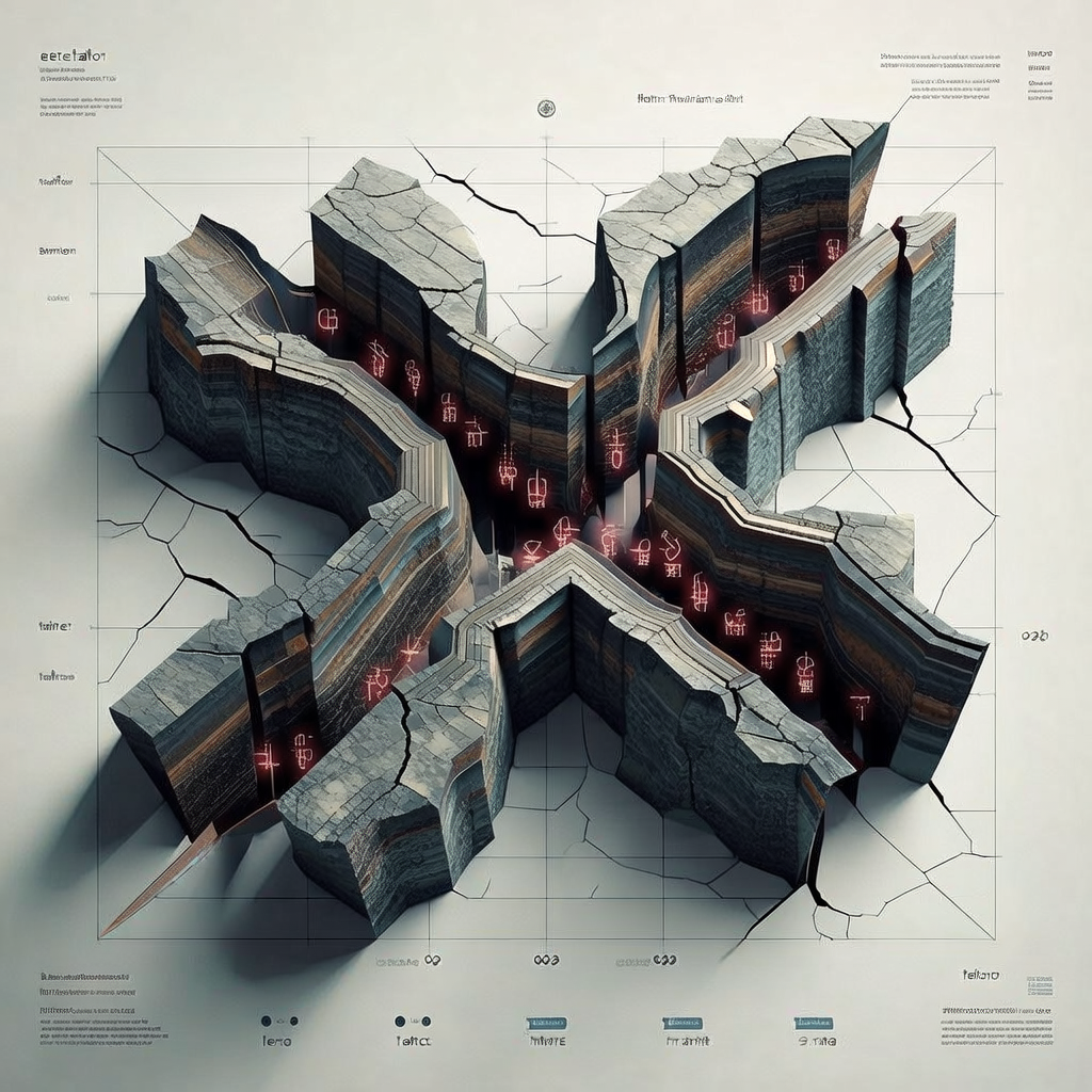 clean data visualization, flat 2D chart, muted academic palette, no 3D effects, evidence-based presentation, professional infographic, minimal decoration, clear axis labels, scholarly aesthetic, a tectonic rift shaped like the Middle Corridor, cracked basalt and metallic strata exposed along the fracture, deep fissures glowing with faint red data glyphs (like economic indicators etched into stone), top-down lighting casting sharp shadows on grid-aligned fault lines, atmosphere of seismic tension and inevitable realignment [Bria Fibo]