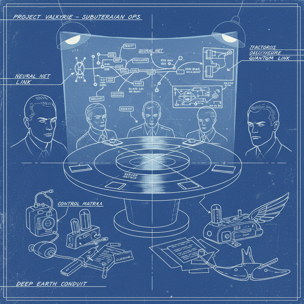 technical blueprint on blue paper, white precise lines, engineering annotations, 1950s aerospace, A subterranean command center with translucent holographic network schematics hovering over a central metallic table, harsh overhead downlighting casting sharp shadows on the faces of focused operatives, an atmosphere of intense, quiet urgency with classified documents and prototype hardware scattered under the glow of the displays. [fal-ai/nano-banana]