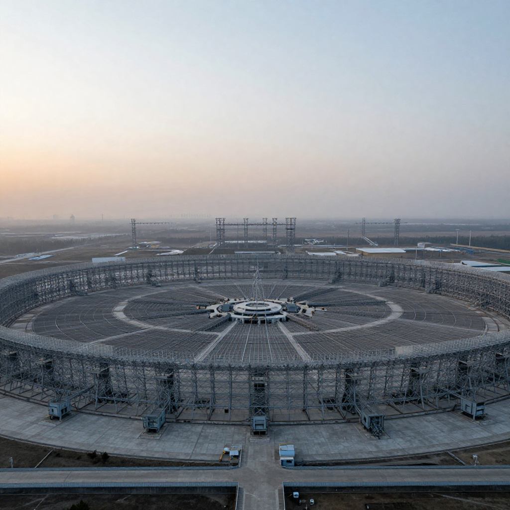 industrial scale photography, clean documentary style, infrastructure photography, muted industrial palette, systematic perspective, elevated vantage point, engineering photography, operational facilities, a geometric fortress of silence, 600 hectares of cracked gray concrete arranged in concentric radar grids and buried antenna farms, lit from below by cold dawn light spilling over the eastern horizon, the air thick with static haze and the faint shimmer of heat distortion from underground cooling vents [Z-Image Turbo]