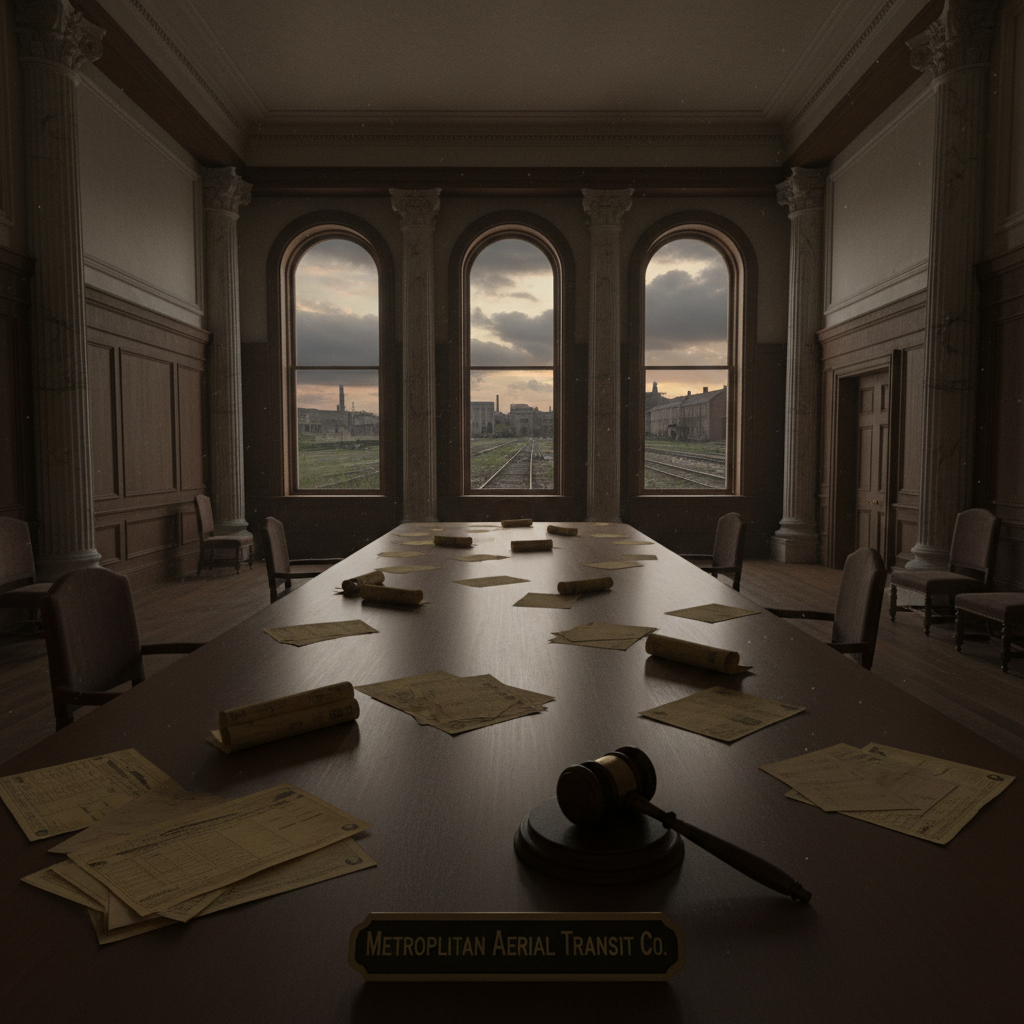 empty formal interior, natural lighting through tall windows, wood paneling, institutional architecture, sense of history and permanence, marble columns, high ceilings, formal furniture, muted palette, An empty, cavernous 19th-century boardroom at dusk, its long mahogany table strewn with yellowed railway prospectuses and half-filled subscription sheets, a single unlit IPO gavel resting near a cracked brass nameplate reading "Metropolitan Aerial Transit Co.", tall arched windows revealing a darkening sky over empty train tracks, dust motes hanging in the slanting twilight, the air thick with silence and the weight of abandoned futures. [Nano Banana]