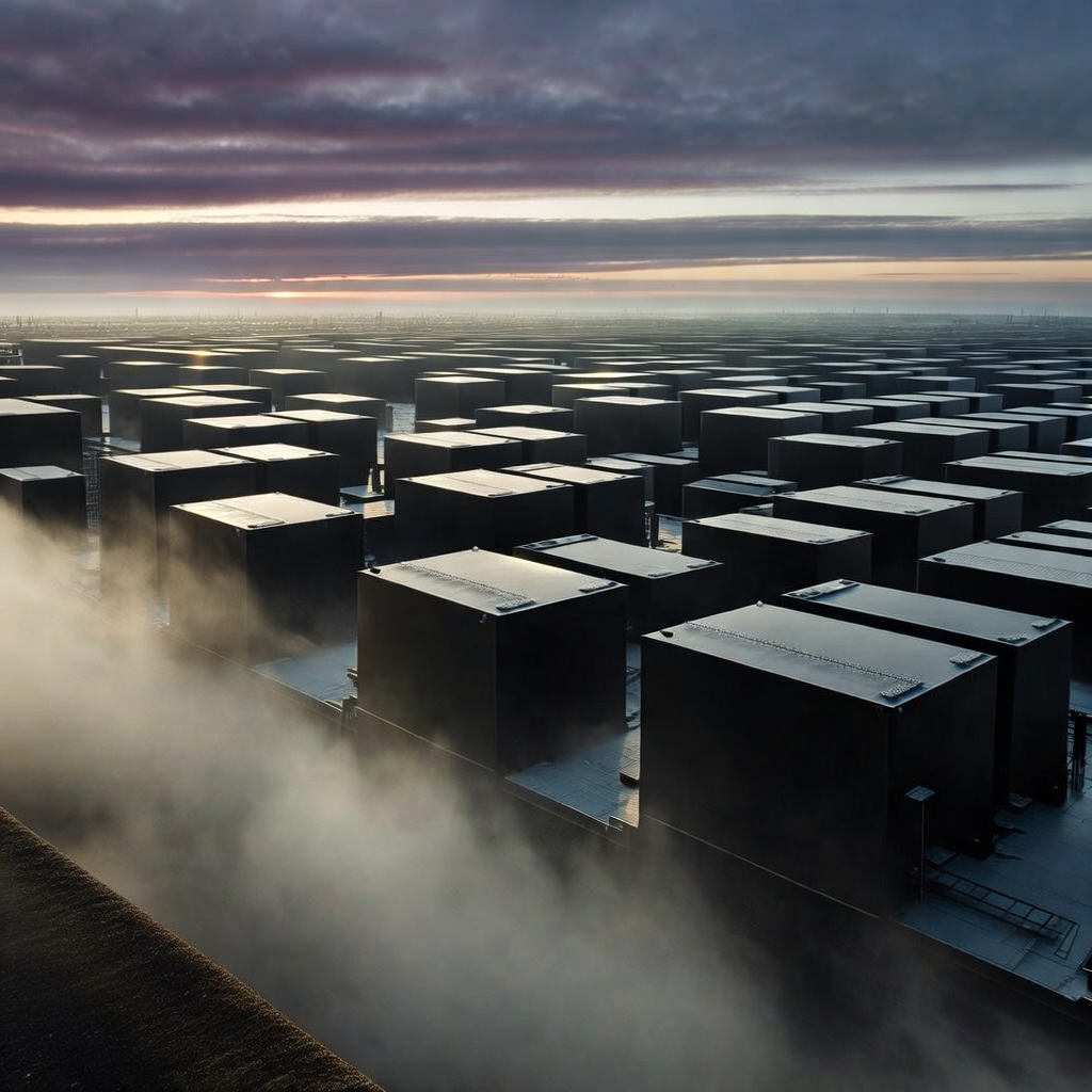 industrial scale photography, clean documentary style, infrastructure photography, muted industrial palette, systematic perspective, elevated vantage point, engineering photography, operational facilities, a sealed data fortress, composed of identical matte-black modules arranged in endless rows under a bruised dawn sky, backlit by cold horizontal beams slicing through fog, atmosphere of silent vigilance and impenetrable order [Bria Fibo]