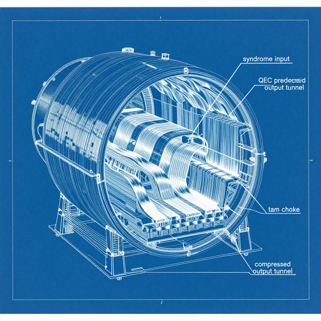 technical blueprint on blue paper, white precise lines, engineering annotations, 1950s aerospace, cutaway view of a multi-layered cryogenic compression vault, forged from superconducting niobium and sapphire dielectric layers, central core collapsing waveform data into dense crystalline packets, annotated with labeled zones: 'syndrome input', 'QEC predecoder lattice', 'compressed output tunnel', 'thermal choke', lighting from beneath illuminating data stream transformation, clean negative space, technical diagram style with precision lines and callouts [Z-Image Turbo]