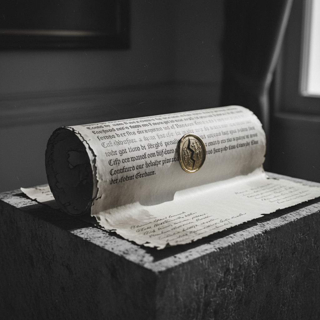 muted documentary photography, diplomatic setting, formal atmosphere, institutional gravitas, desaturated color palette, press photography style, 35mm film grain, natural lighting, professional photojournalism, A massive, unrolled parchment treaty resting on a stone plinth, its edges frayed and ink slightly blurred by humidity, embossed with the faded gold seal of a city crest cracked down the center, lit by low-angle side light that casts long shadows from raised lettering, the air still and dusty, faint outlines of forgotten signatures fading into the page like promises broken by time. [Nano Banana]