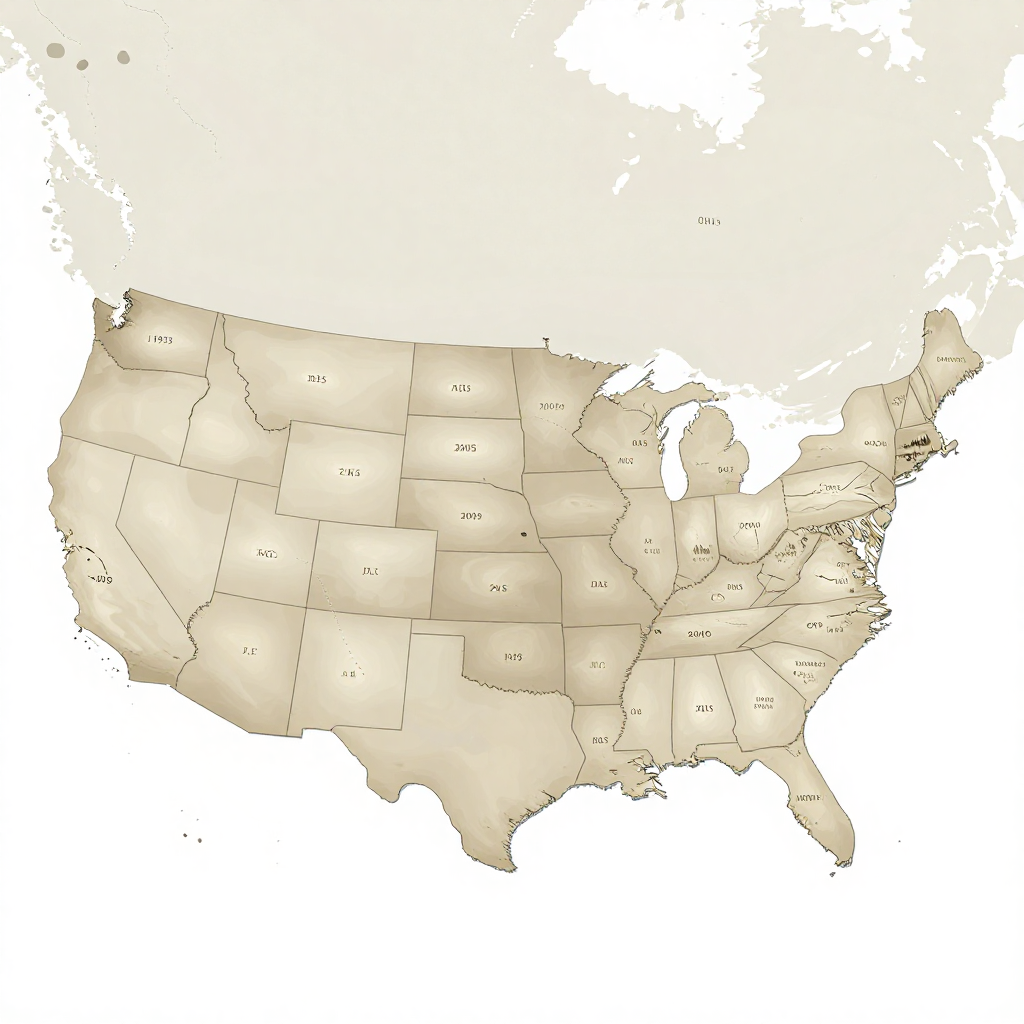flat color political map, clean cartographic style, muted earth tones, no 3D effects, geographic clarity, professional map illustration, minimal ornamentation, clear typography, restrained color coding, flat 2D economic map of the United States, muted parchment-toned regions with faint gradients indicating regulatory activity, thin inked pathways radiating from Washington D.C. to major financial centers, some lines broken and reconnected with darker strokes over time, northward lighting casting soft shadows on annotated years—'1933', '2009', '2015'—in precise serif labels, atmosphere of archival clarity and measured progression [Z-Image Turbo]