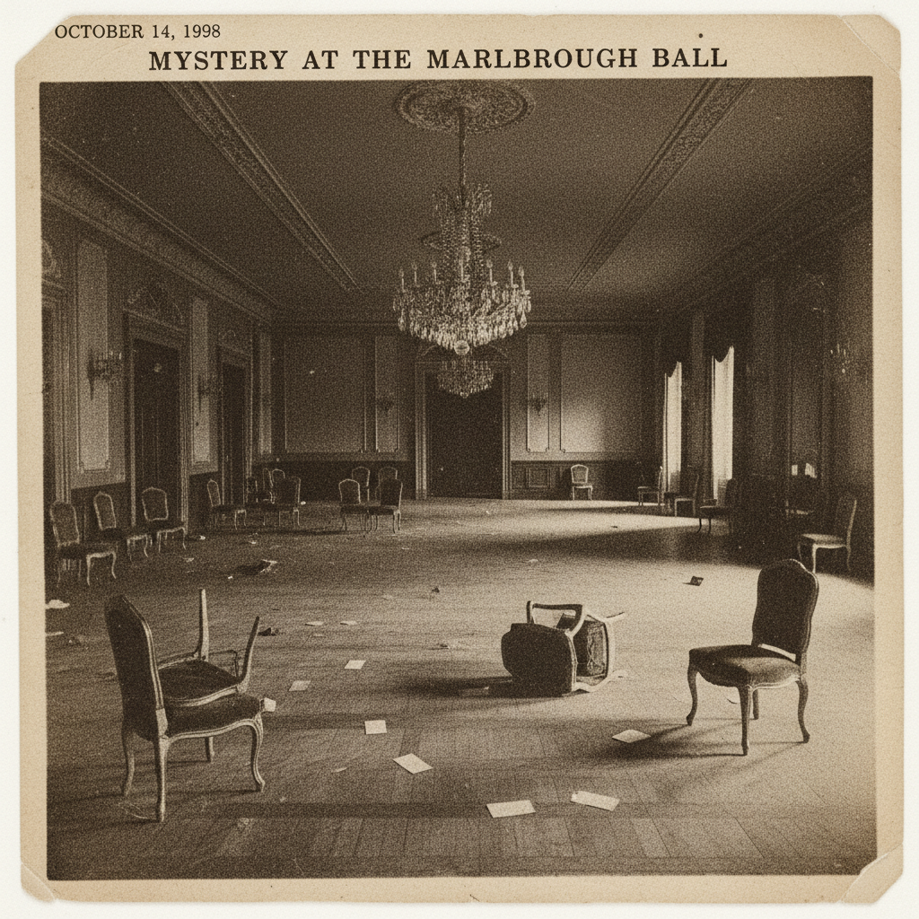 vintage Victorian newspaper photograph, sepia tone, aged paper texture, halftone dot printing, 1890s photojournalism, slight grain, archival quality, authentic period photography, An opulent, empty Victorian ballroom floor after a sudden event, a single chandelier illuminating scattered blank dance cards and abandoned chairs, sharp chiaroscuro lighting from above casting long dramatic shadows, an atmosphere of hushed scandal and profound, unsettling stillness. [fal-ai/nano-banana]