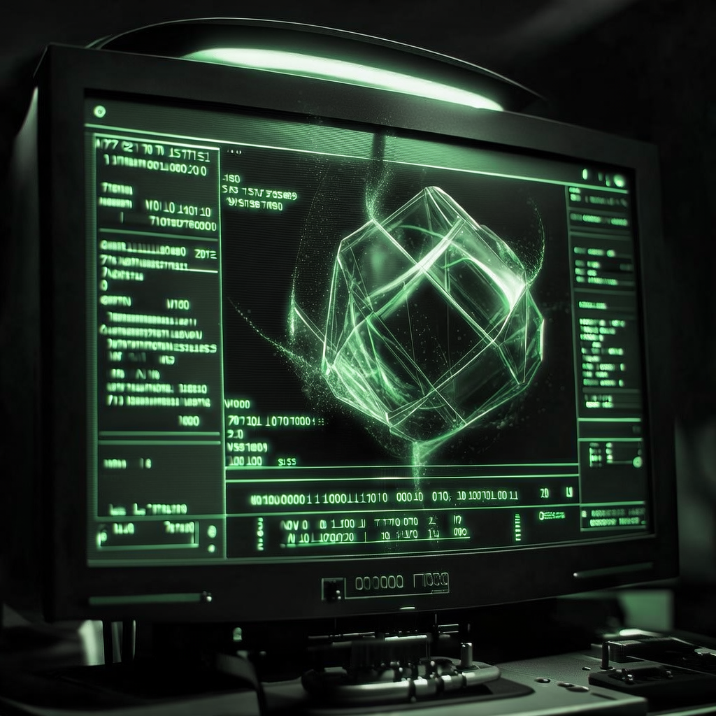 full screen view of monochrome green phosphor CRT terminal display, command line interface filling entire frame, Nostromo aesthetic, heavy scanlines across black background, authentic 1970s computer terminal readout, VT100 style, green text on black, phosphor glow, screen curvature at edges, floating crystalline magnetic lattice intersecting with glowing, fluid superconducting energy fields, harsh overhead lab lighting casting sharp shadows on precision instruments below, tense atmosphere of discovery with faint particle trails suggesting hidden Majorana modes emerging at the interface [bria/fibo/generate]