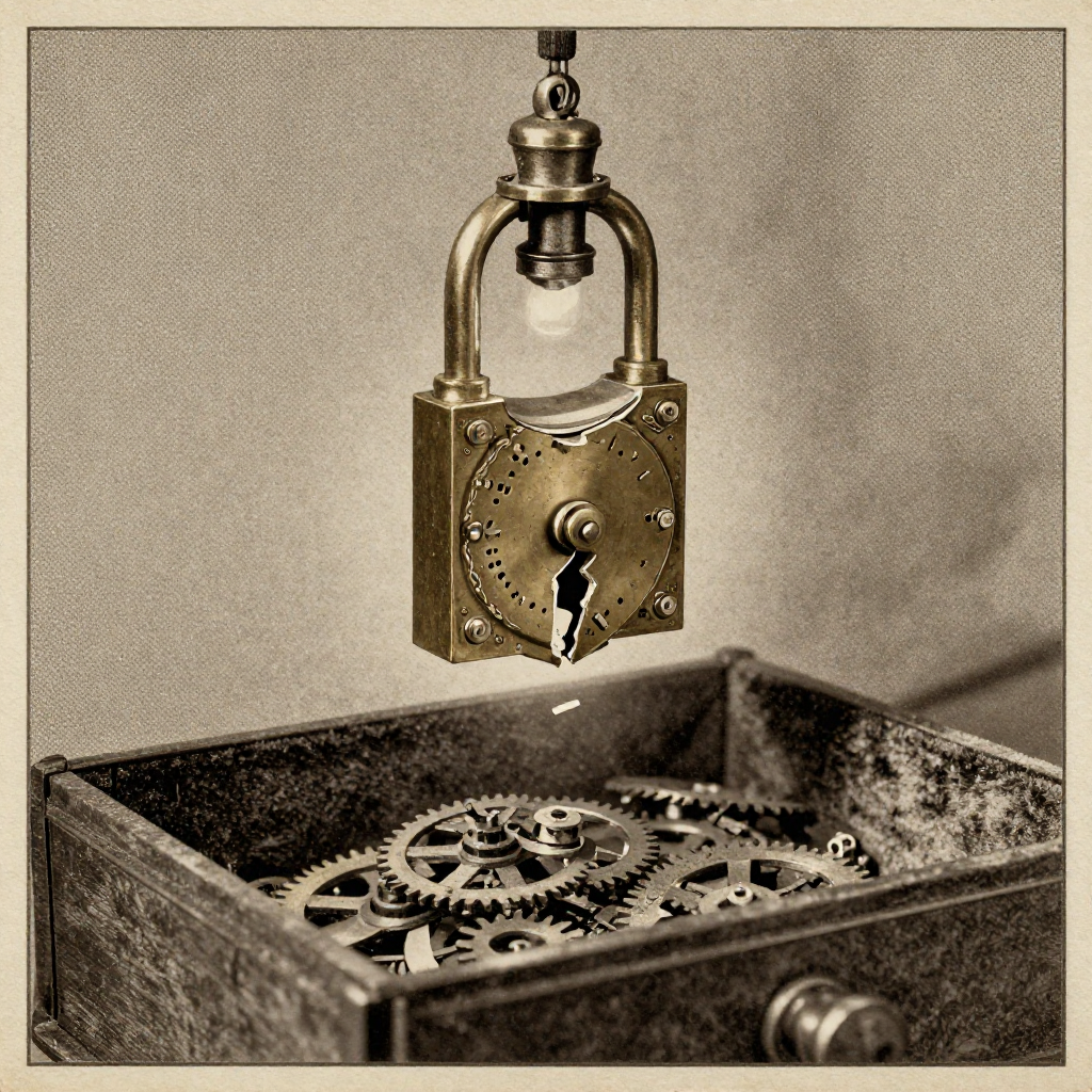 vintage Victorian newspaper photograph, sepia tone, aged paper texture, halftone dot printing, 1890s photojournalism, slight grain, archival quality, authentic period photography, a fractured clockwork lock, forged of tarnished brass and delicate cipher engravings, lit from the side by a narrow beam of gaslight, suspended above a velvet-lined drawer as if abandoned in haste, its inner gears partially unraveled and one tumbler visibly cracked—like a safe that opened itself by mistake [Z-Image Turbo]