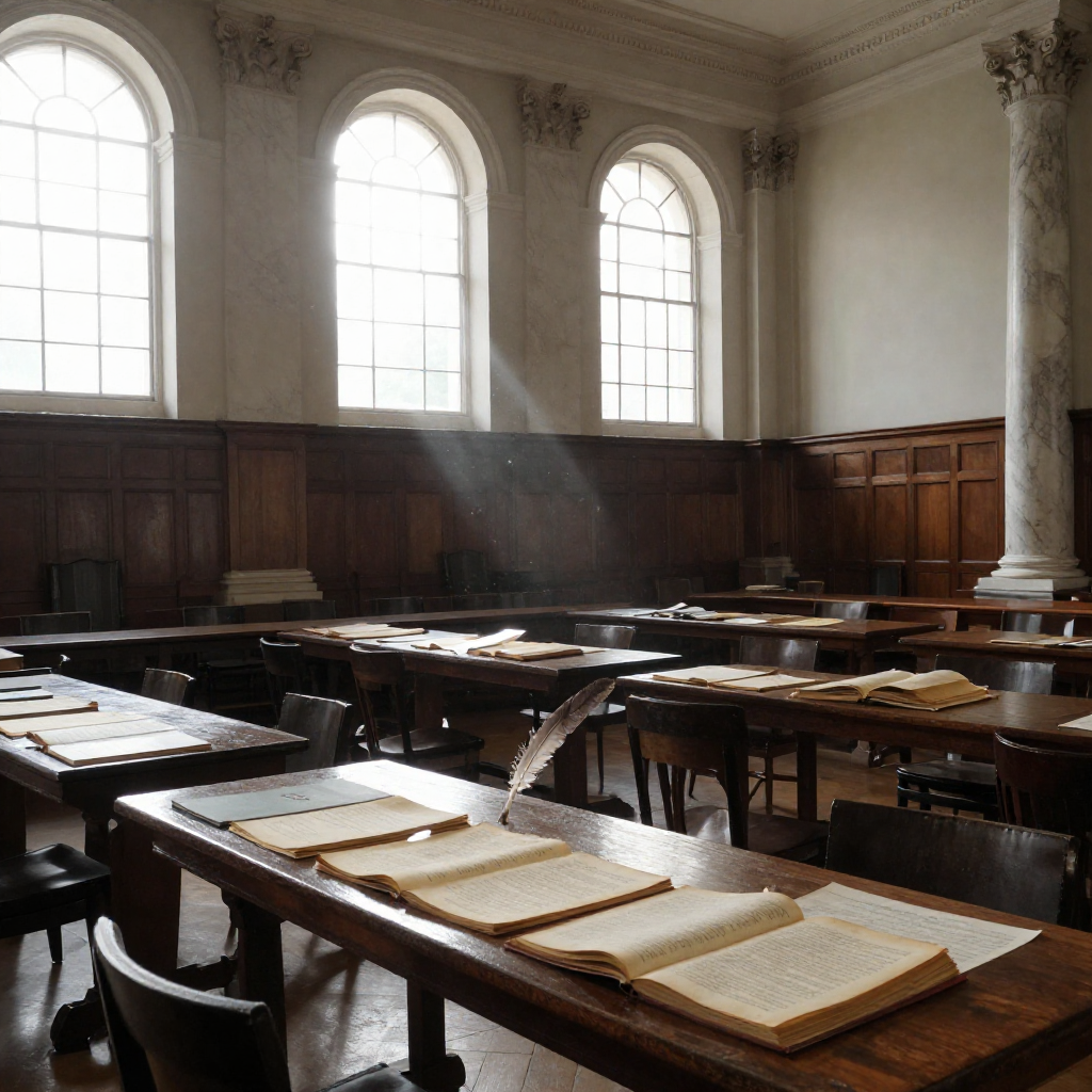 empty formal interior, natural lighting through tall windows, wood paneling, institutional architecture, sense of history and permanence, marble columns, high ceilings, formal furniture, muted palette, an 18th-century committee chamber, mahogany tables layered with yellowed manuscripts and open encyclopedias, morning light slanting through tall arched windows, dust motes floating above a single abandoned quill, the air thick with silence and legacy [Z-Image Turbo]