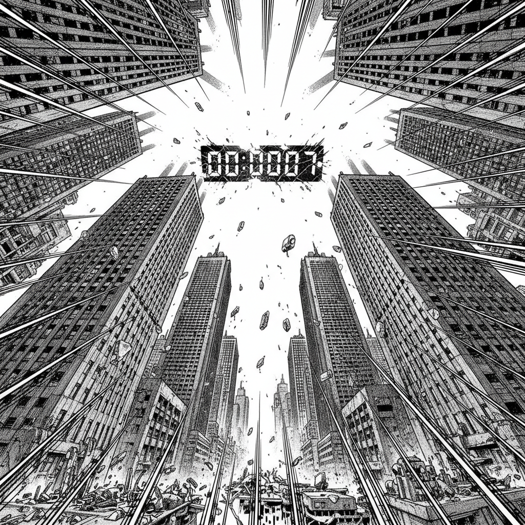 black and white manga panel, dramatic speed lines, Akira aesthetic, bold ink work, low-angle view of monolithic corporate skyscrapers converging towards a central, immense digital countdown clock with fractured numerals, harsh downward spotlighting creating long, distorted shadows, atmosphere of overwhelming pressure and imminent systemic collapse [fal-ai/nano-banana]
