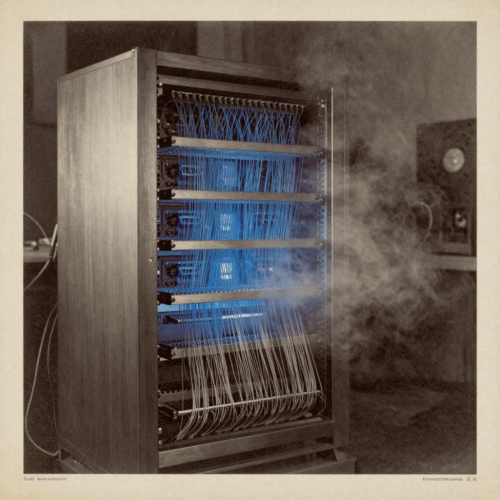 vintage Victorian newspaper photograph, sepia tone, aged paper texture, halftone dot printing, 1890s photojournalism, slight grain, archival quality, authentic period photography, a server rack pulsing with a deep blue neural lattice, brushed steel and fiber-optic filaments, lit from the side by stark angular light, in an atmosphere of charged stillness—ozone haze curling from its vents, the air thick with silent calculation [Z-Image Turbo]