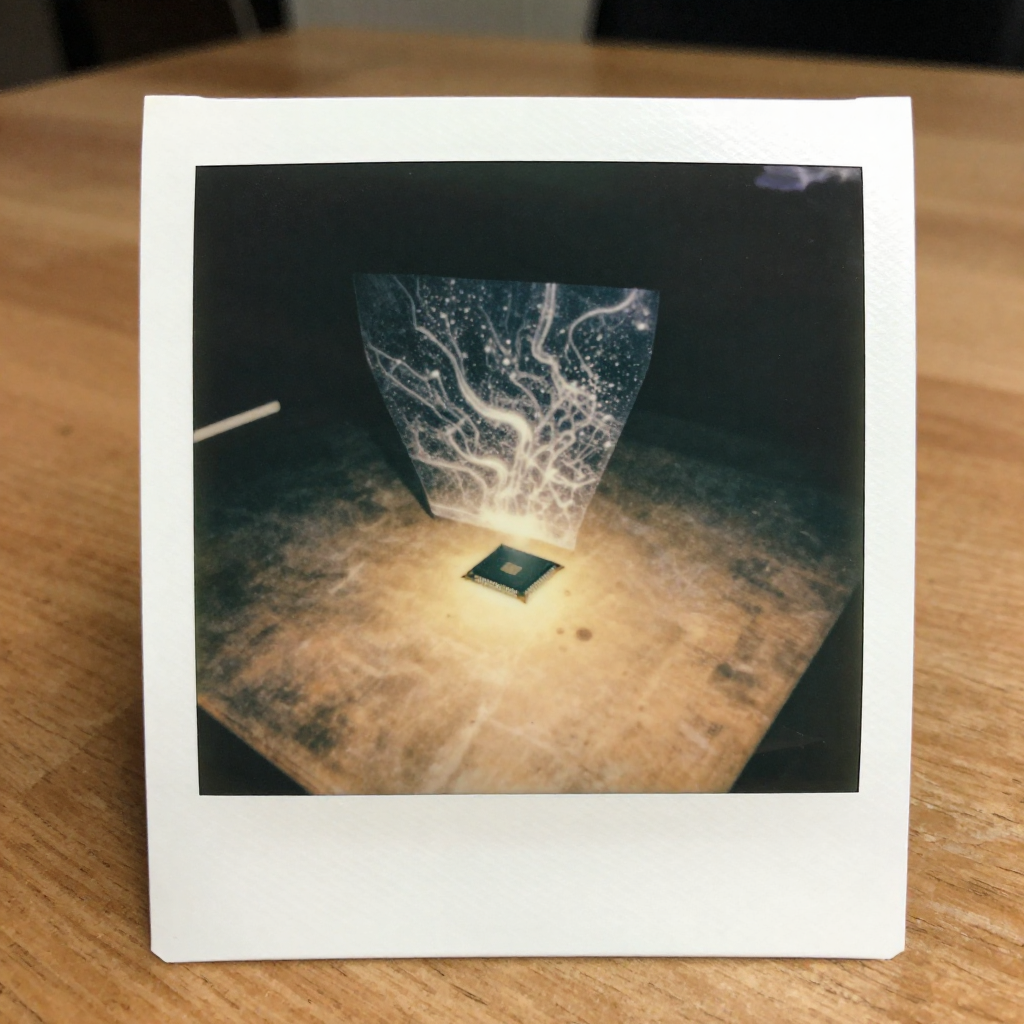 instant Polaroid photograph, vintage 1970s aesthetic, faded colors, white border frame, slightly overexposed, nostalgic lo-fi quality, amateur snapshot, a translucent layer of rippling electrical static hovering just above a small microchip, fine-grained crackling texture like analog TV snow, lit softly from beneath with cool, uneven glow, resting on a bare wooden table in dim light, atmosphere of quiet concealment [Z-Image Turbo]
