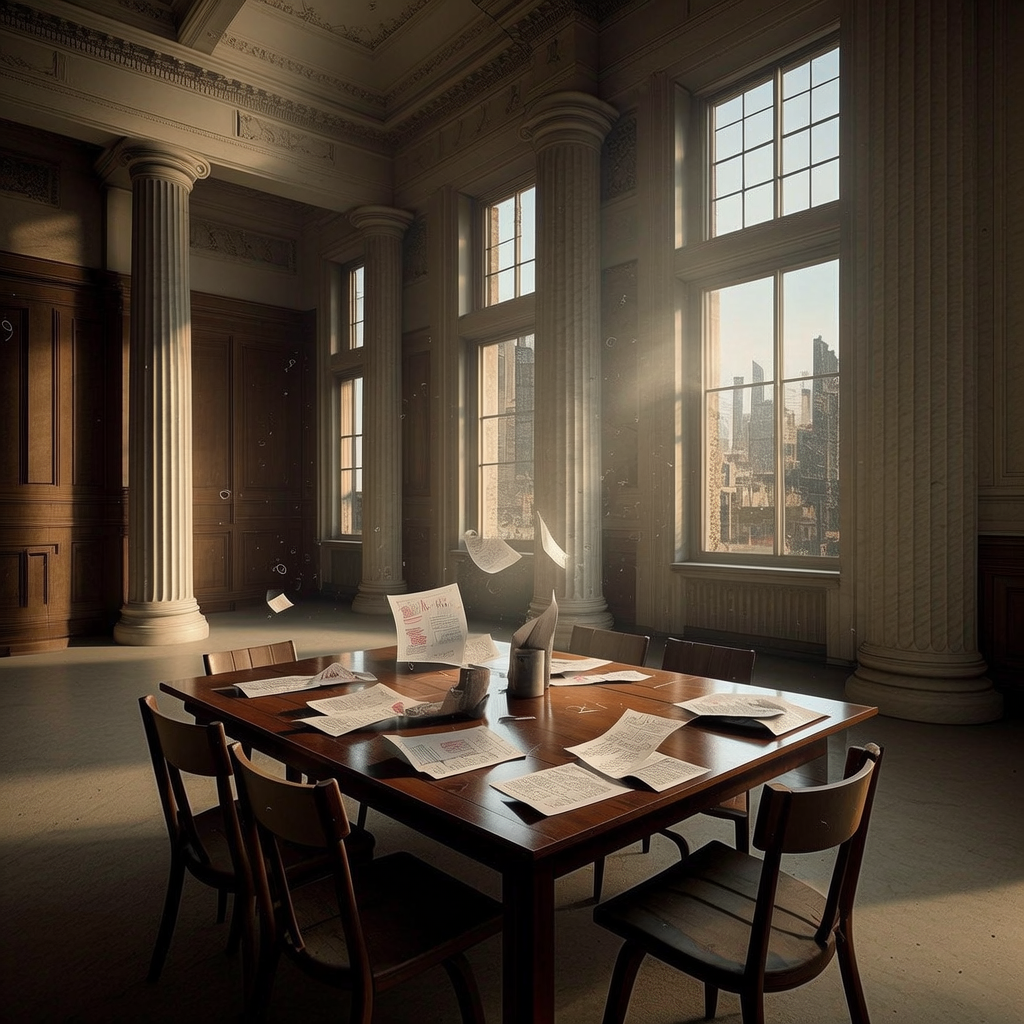 empty formal interior, natural lighting through tall windows, wood paneling, institutional architecture, sense of history and permanence, marble columns, high ceilings, formal furniture, muted palette, an enormous central bank boardroom, polished teak table strewn with abandoned financial reports and half-written directives, floor-to-ceiling windows revealing a skyline no longer unbroken, late afternoon light slicing through dust and floating paper, silence thick as fallout [Bria Fibo]