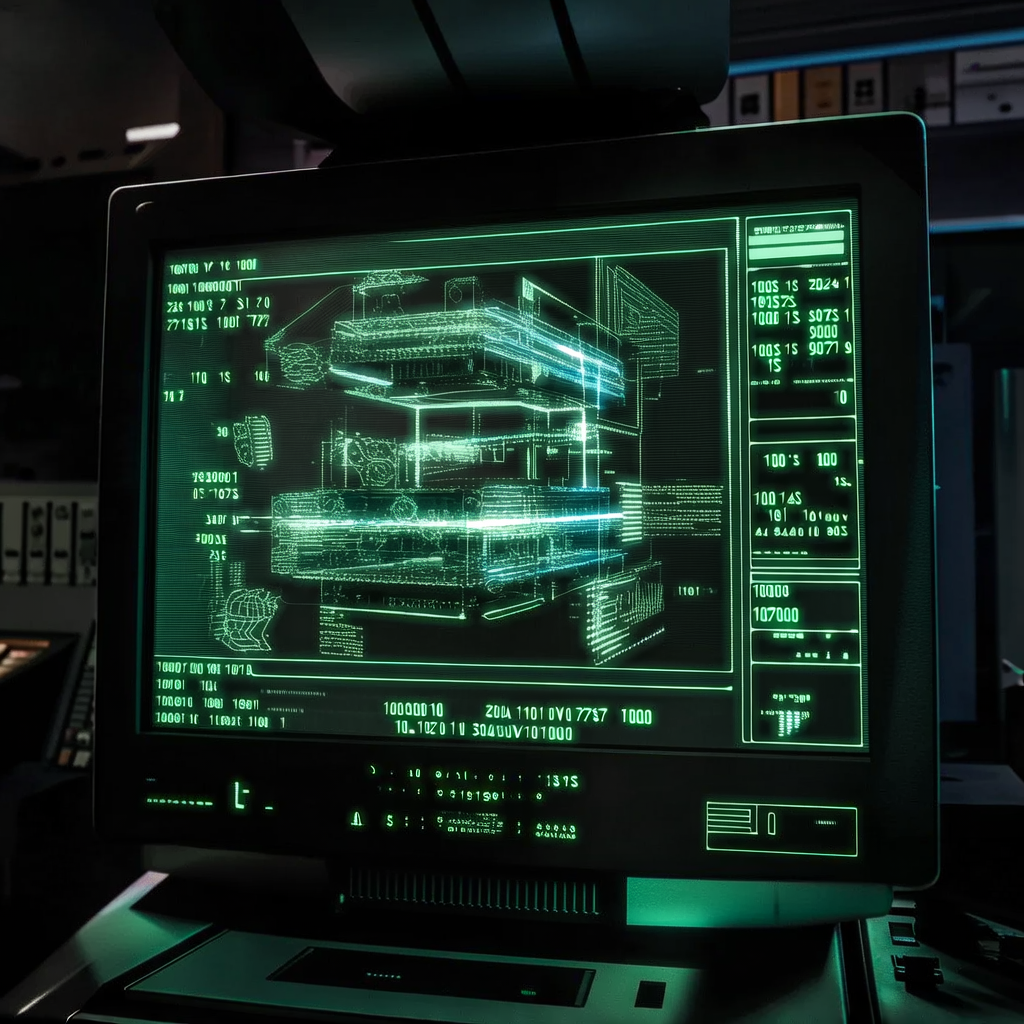 full screen view of monochrome green phosphor CRT terminal display, command line interface filling entire frame, Nostromo aesthetic, heavy scanlines across black background, authentic 1970s computer terminal readout, VT100 style, green text on black, phosphor glow, screen curvature at edges, multi-tiered holographic display showing interconnected quantum computing modules with glowing data pathways and error-correction symbols, dramatic overhead lighting casting sharp shadows across a dark control room, intense atmosphere of computational complexity and breakthrough discovery [bria/fibo/generate]
