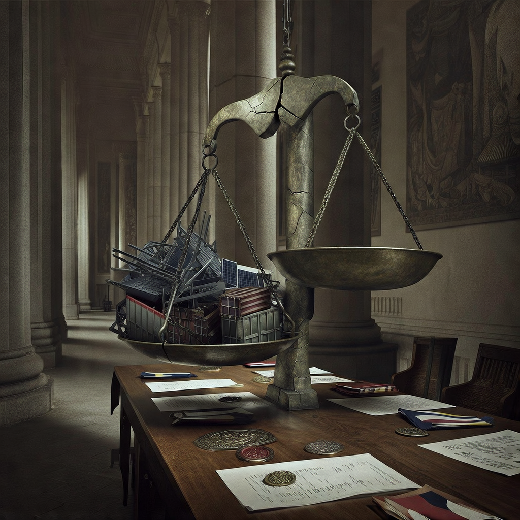 muted documentary photography, diplomatic setting, formal atmosphere, institutional gravitas, desaturated color palette, press photography style, 35mm film grain, natural lighting, professional photojournalism, a cracked bronze scale overflowing with miniature steel girders, solar panels, and shipping containers on one pan, the other pan empty and raised, suspended above a long oak treaty table bearing official seals, folded national flags, and unsigned documents, dim side lighting casting elongated shadows, atmosphere of quiet tension in a cavernous hall of columns and muted earth-toned tapestries [Bria Fibo]