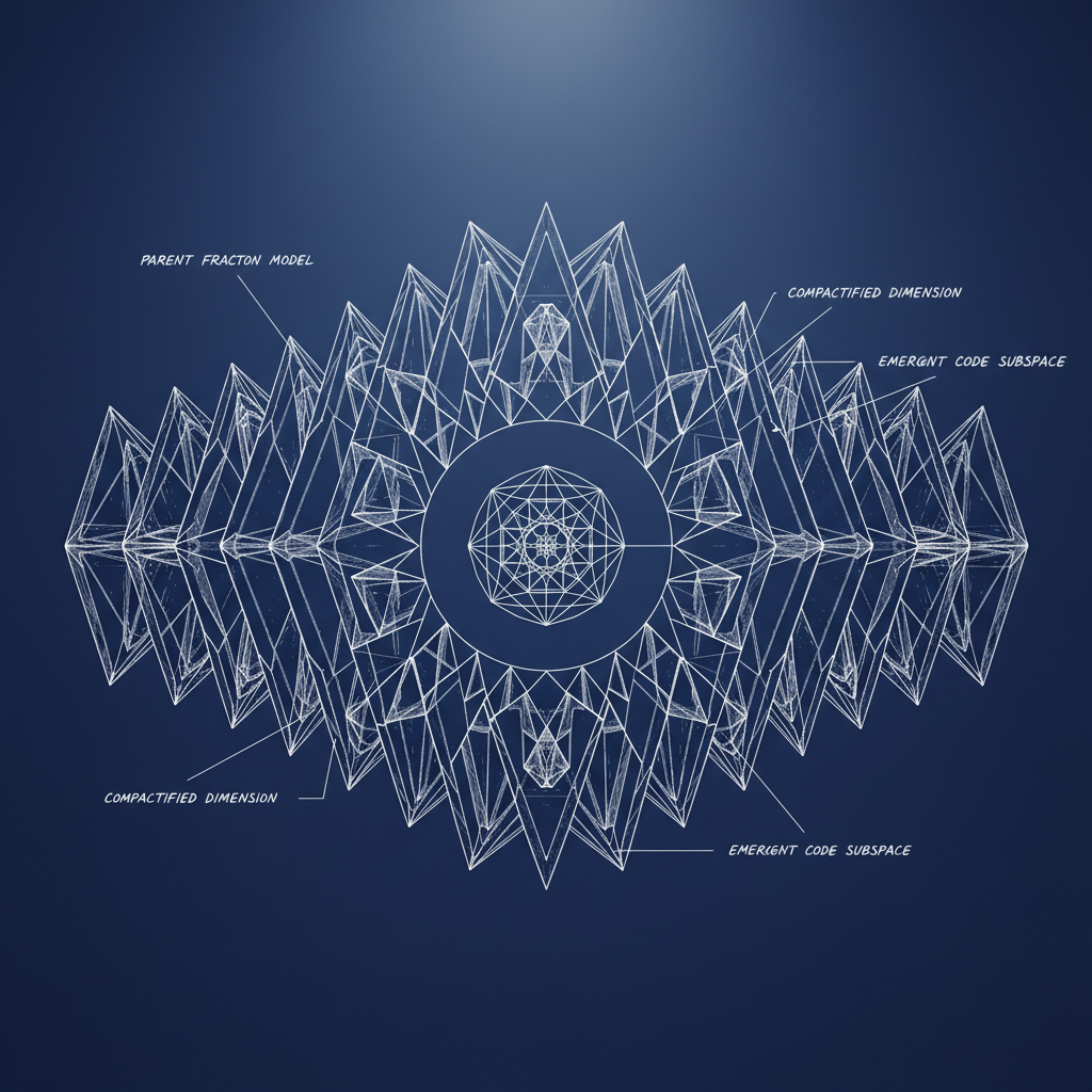 technical blueprint on blue paper, white precise lines, engineering annotations, 1950s aerospace, folded hyperdimensional lattice, crystalline strata with embedded annotation lines labeling 'parent fracton model', 'compactified dimension', and 'emergent code subspace', cross-sectional cutaway revealing nested geometric symmetry, axial lighting from above, clinical atmosphere of theoretical revelation [Nano Banana]