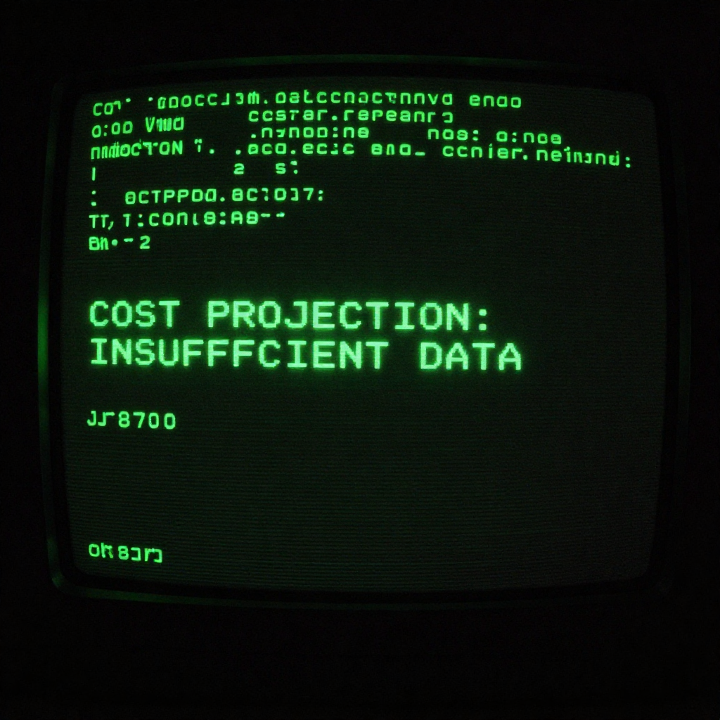 full screen view of monochrome green phosphor CRT terminal display, command line interface filling entire frame, heavy scanlines across black background, authentic 1970s computer terminal readout, VT100 style, green text on black, phosphor glow, screen curvature at edges, "COST PROJECTION: INSUFFICIENT DATA", monospaced green text glowing faintly against infinite black, light cast upward from below the screen frame, silent and hollow atmosphere [Z-Image Turbo]