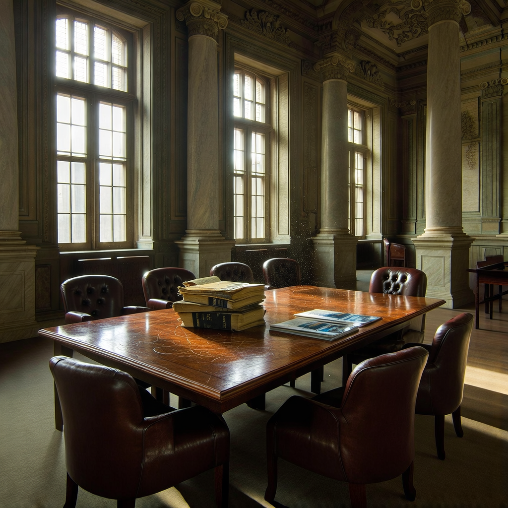 empty formal interior, natural lighting through tall windows, wood paneling, institutional architecture, sense of history and permanence, marble columns, high ceilings, formal furniture, muted palette, an ornate, high-ceilinged committee room, polished rosewood table scarred with faint ring marks from decades of teacups, stacks of yellowed financial ledgers and modern prospectuses lying side by side, morning light slanting through tall, uncurtained colonial windows, dust motes floating above an untouched quorum of leather chairs, atmosphere of suspended but unbroken continuity [Bria Fibo]
