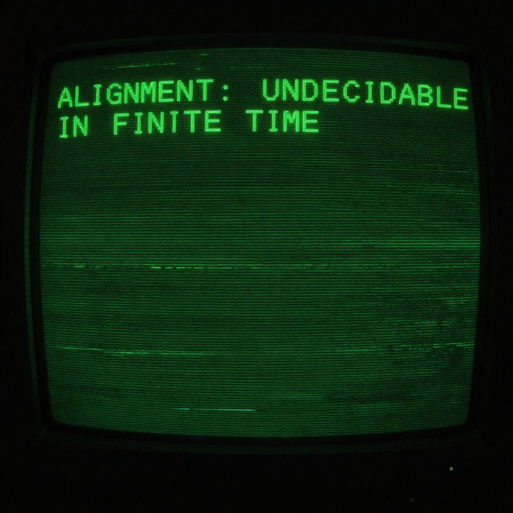 full screen view of monochrome green phosphor CRT terminal display, command line interface filling entire frame, heavy scanlines across black background, authentic 1970s computer terminal readout, VT100 style, green text on black, phosphor glow, screen curvature at edges, "ALIGNMENT: UNDECIDABLE IN FINITE TIME", monospaced green text glowing faintly on deep black terminal background, top-center of screen, no cursor, no interface elements, silent and absolute stillness, atmosphere of quiet finality [Z-Image Turbo]