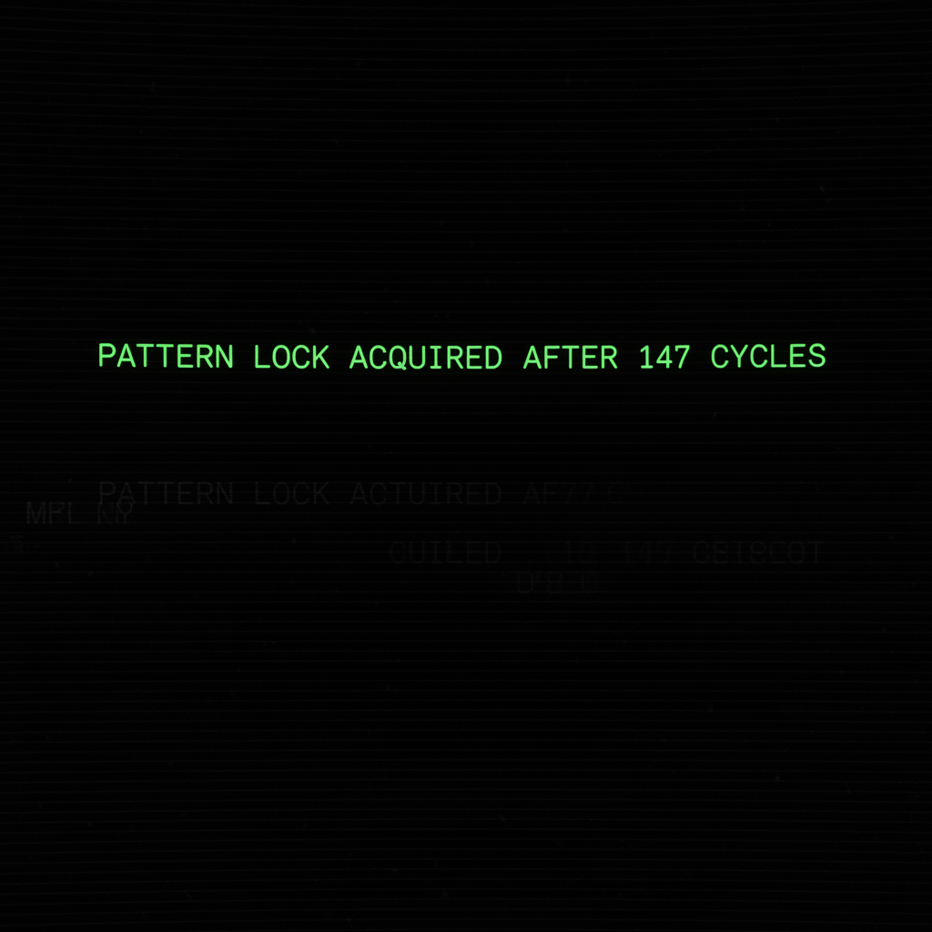 full screen view of monochrome green phosphor CRT terminal display, command line interface filling entire frame, heavy scanlines across black background, authentic 1970s computer terminal readout, VT100 style, green text on black, phosphor glow, screen curvature at edges, "PATTERN LOCK ACQUIRED AFTER 147 CYCLES", monospace green text glowing faintly at first then stabilizing, top center of screen, stark black background, dim flicker of prior failed attempts visible as ghosted traces, atmosphere of quiet inevitability [Nano Banana]