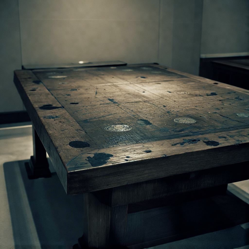 muted documentary photography, diplomatic setting, formal atmosphere, institutional gravitas, desaturated color palette, press photography style, 35mm film grain, natural lighting, professional photojournalism, a scarred wooden treaty table, inlaid with fading seals of past empires and fresh ink stains from recent signings, lit from the side by low-angle institutional light, atmosphere of quiet gravity and unspoken negotiation [Bria Fibo]