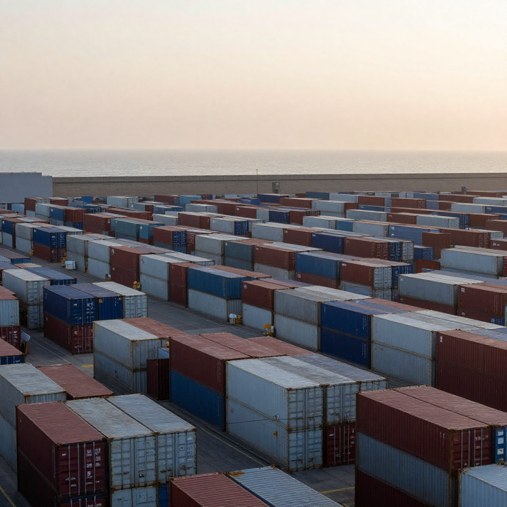 industrial scale photography, clean documentary style, infrastructure photography, muted industrial palette, systematic perspective, elevated vantage point, engineering photography, operational facilities, endless grid of shipping containers at a coastal port, stacked in precise rows under soft dawn light from the east, steel surfaces brushed with condensation and faint rust, the scale immense and unbroken, fading into a pale amber horizon where sky meets sea, atmosphere still and silent—no movement, no people, only the cold geometry of sustained but directionless order [Z-Image Turbo]