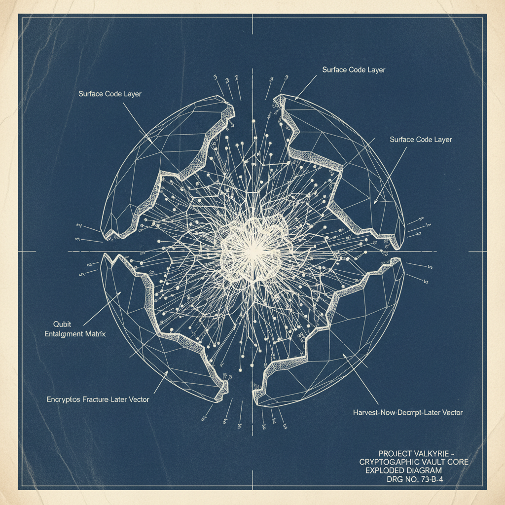 technical blueprint on blue paper, white precise lines, engineering annotations, 1950s aerospace, exploded technical diagram of a spherical cryptographic vault core, layered crystalline encryption shells splitting along geometric fault lines, internal pressure revealed by glowing topological qubit filaments bridging broken symmetry planes, precise orthogonal lighting casting sharp internal shadows, clinical atmosphere of structural collapse under quantum stress — with annotation lines labeling: 'Surface Code Layer', 'Qubit Entanglement Matrix', 'Encryption Fracture Front', 'Harvest-Now-Decrypt-Later Vector' [Nano Banana]