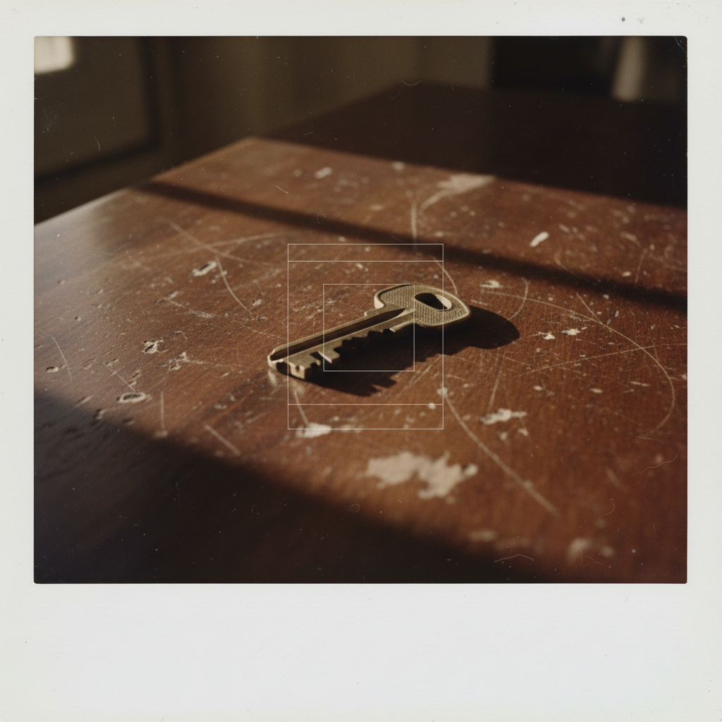 instant Polaroid photograph, vintage 1970s aesthetic, faded colors, white border frame, slightly overexposed, nostalgic lo-fi quality, amateur snapshot, A small, worn brass key with a tooth pattern that subtly forms a repeating sequence of asymmetric notches, resting on a chipped wooden table, its grooves precisely aligned to an invisible grid, late afternoon light grazing one side, casting deep, narrow shadows that suggest order beneath disorder, the air still and tense like a held breath [Nano Banana]