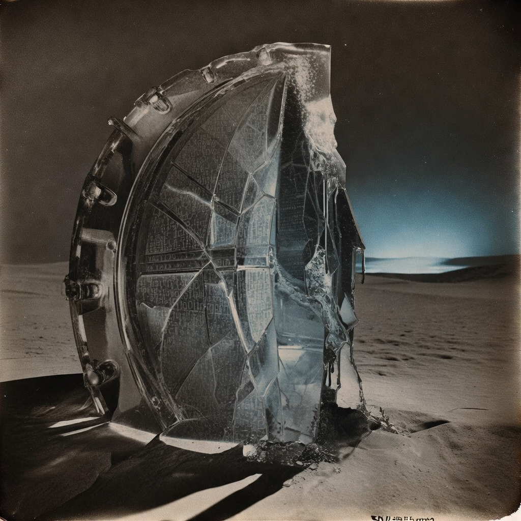 vintage Victorian newspaper photograph, sepia tone, aged paper texture, halftone dot printing, 1890s photojournalism, slight grain, archival quality, authentic period photography, a half-melted vault door forged from quantum-etched crystal, cracked surface with glowing fissures revealing fading algorithmic engravings, side-lit by cold blue light from beneath a desert horizon, atmosphere of silent erosion and impending collapse [Bria Fibo]